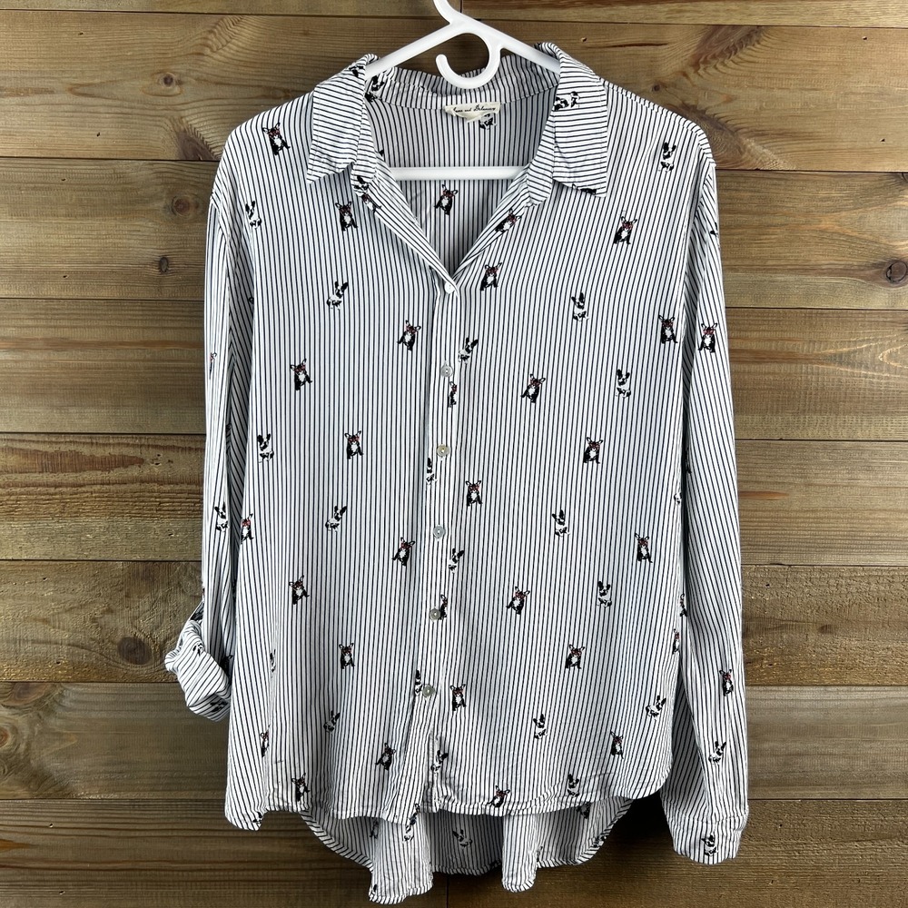 Jane + Delancey Womens Shirt Roll Tab Sleeve Button Up French Bulldog Striped XL